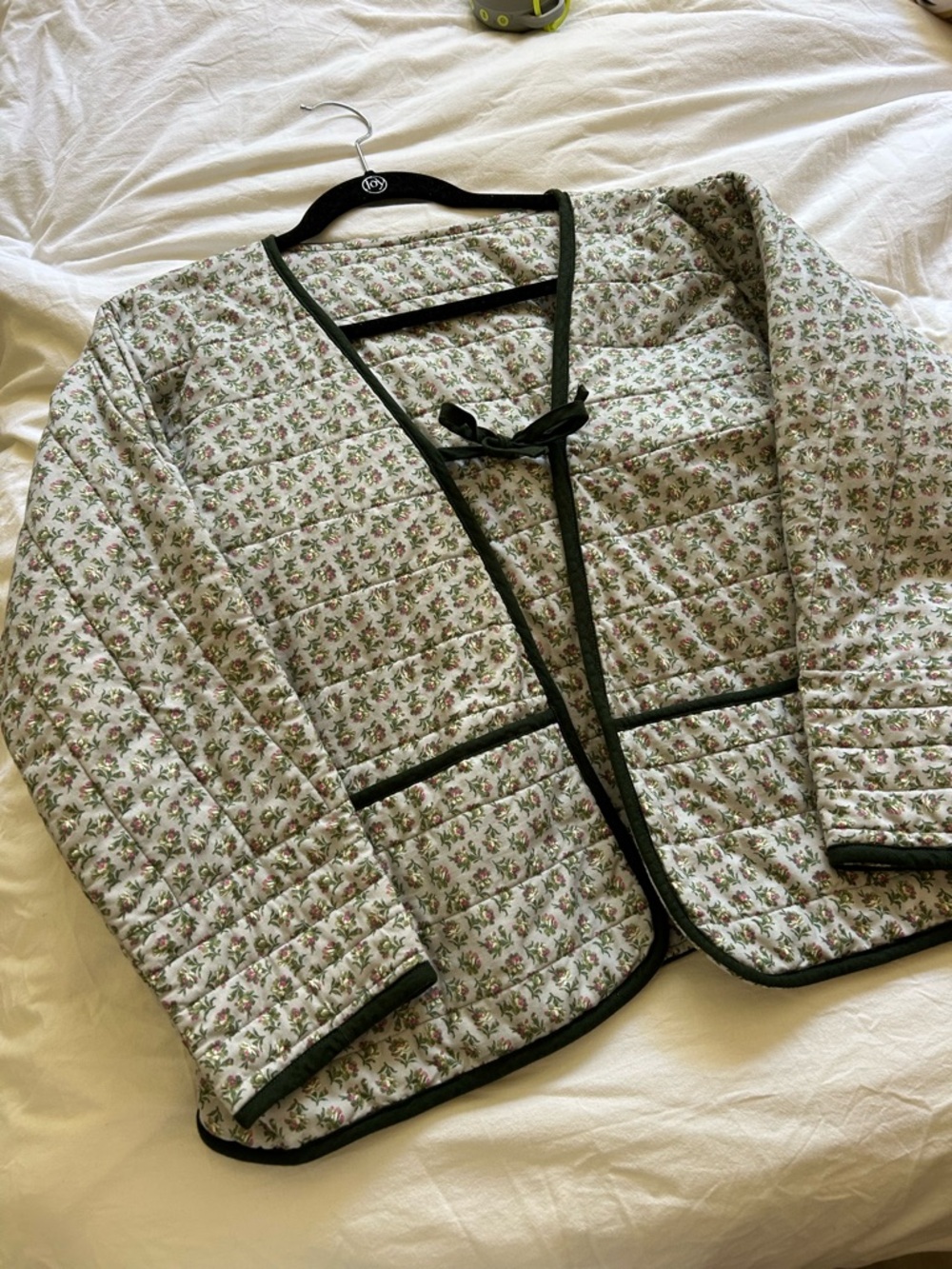 Quilted Floral Tie-Front Jacket - Green Trim